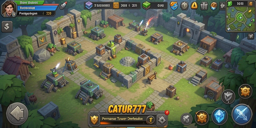 Tampilan gameplay mendebarkan dalam CATUR777, dengan strategi Tower Defense yang seru.