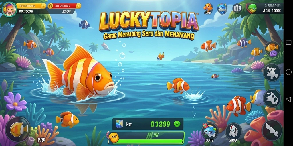 Tampilan gameplay LUCKYTOPIA saat menangkap ikan di danau yang indah.