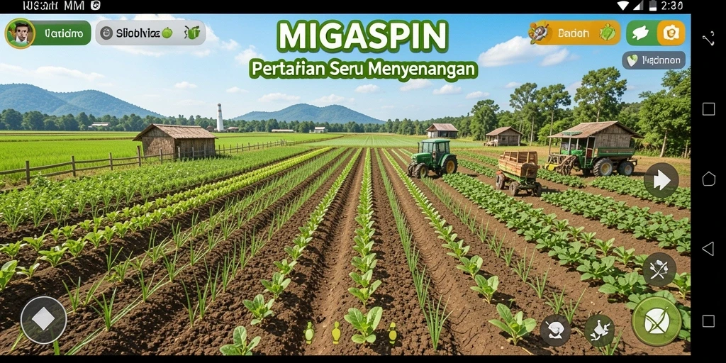Screenshot gameplay MIGASPIN menampilkan keindahan ladang yang subur.