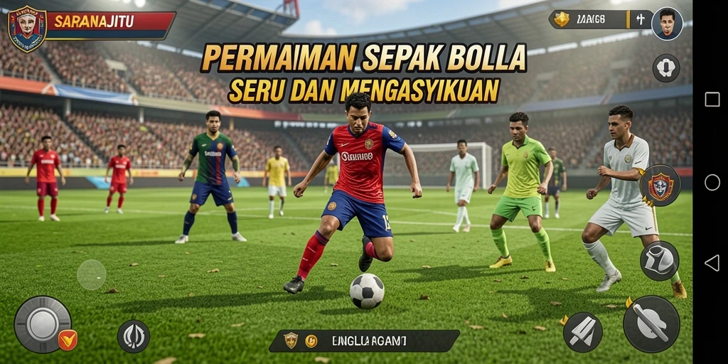 Tampilan gameplay menegangkan dengan aksi sepak bola yang seru.